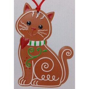 Gingerbread Cat Christmas Ornament Decor Tin Holiday Kitty Decoration Heart